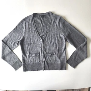 SARAH SPENCER Cardigan Womens Petite Medium Wool Blend Knit Pockets Gray Bows PM - Picture 1 of 11