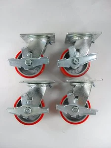 4" x 2" Polyurethane On Cast Iron (Red) - Swivel with Brake (4EA) - Picture 1 of 4