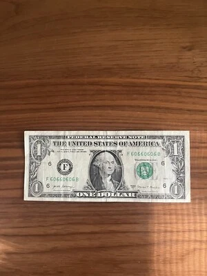 + 606660606 Fancy Serial Number US Banknote true binary $1 dollar bill - Image 1 of 2