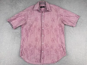 Bugatchi Uomo Shirt Men Medium Pink Floral Stripe Cotton Blend Hawaiian Button - Picture 1 of 13