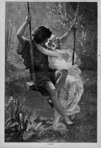 JUNGE JUNGE UND MÄDCHEN VERLIEBT SCHWINGEN AUF DER SCHAUKEL SONNENSCHEIN 1874 ANTIKER GRAVUR - Bild 1 von 1