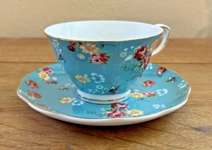 Grace's Teaware TEA CUP & SAUCER Set Teal Flowers Floral Sheet Pattern EUC - Picture 1 of 6