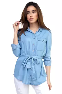 Women's Shirt Button up Tencel Light Wash Denim Long Sleeved Tunic Top - Picture 1 of 6