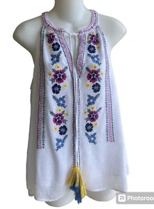 Alya White Multi Embroidered Sleeveless Peasant Top Blouse Tassels Size Medium - Picture 1 of 4