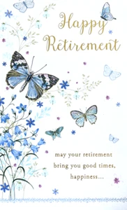 Tarjeta de mariposas y flores "Feliz jubilación" en azul y oro de Simson Cards - Imagen 1 de 5