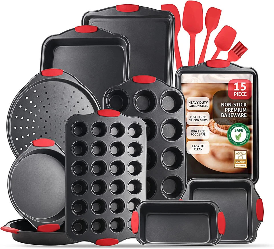 15 Piece Bakeware Set Nonstick Carbon Steel Oven Safe With Silicone Handles