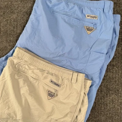Par de 2 Pantalones Cortos Columbia PFG Hombres 5XL Omni-Sombra Natación Pesca Beige Azul Exterior Foto 1 de 4