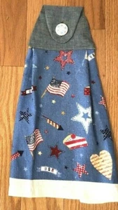 Hanging Kitchen Towel, patriotic red and blue, cotton, handmade, new - Picture 1 of 5
