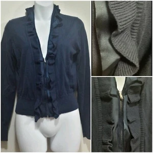 ๐ APT 9 Black Ruffle V Neck Detail Front Zipper Cardigan Sweater ~ S M3020โญ - Picture 1 of 12