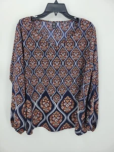 Emery Rose Top Damen Plus 2XL Blau Braun Boho Schal Print Langarm Popover - Bild 1 von 10