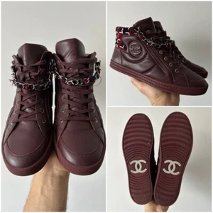 CHANEL BURGUNDY LEATHER CC LOGO HIGH TOP SNEAKERS CHAIN ZIP TWEED - Picture 1 of 14