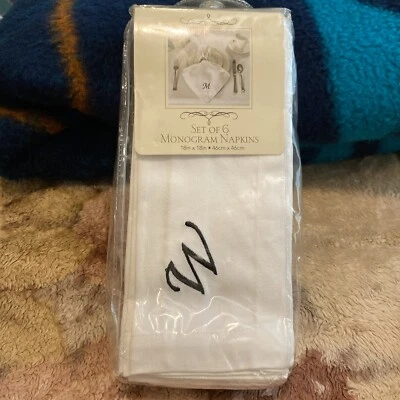 Elrene Home Fashions Set of 6 Monogram Napkins "W” 100% Cotton SEALED NEW - Image 1 of 4