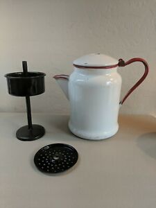 Vtg Red White Enamelware Stove Top Coffee Pot Percolator With Ground Basket Stem