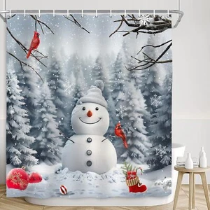 Christmas Snowman Shower Curtain for Bathroom Set Holiday Xmas Forest Farmhou... - Picture 1 of 6
