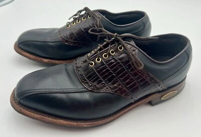 Footjoy 经典 Dry Premiere 男式高尔夫鞋 50440 黑色棕色编织 7.D 码 — 第 1/4 张图片