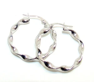 9CT HALLMARKED WHITE GOLD POLISHED TWIST 25MM ROUND HOOP EARRINGS - Picture 1 of 7