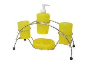 (OY109) JUEGO BAÑO 5 PIEZAS CROMADO AMARILLO DOSIFICADOR JABONERA VASO CEPILLOS  - Imagen 1 de 3