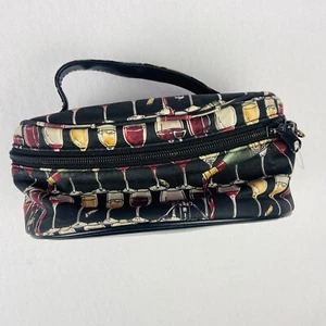 Nicole Miller NY Cosmetic Case Silk Makeup Bag Large Zip Around Wine Glass Print - Picture 1 of 9