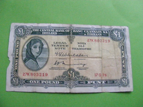 1974 Irish One Pound Banknote Old Ireland £1 Lady Lavery Note Cover
