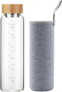 Glass Water Bottle 32 Oz Wide Mouth with Sleeve Bamboo Lid 1 Litre Motivational - Picture 1 of 12