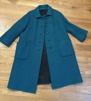 Casaco de lã Bouclé texturizado azul-petróleo vintage 1960 feminino De Jong’s Sycamore swing pavão - Imagem 1 de 4