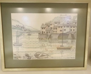 Vintage Needlepoint Coastal Village Framed - Picture 1 of 6