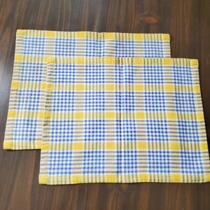 Vintage Cloth Placemats 2 Yellow Blue Woven Plaid Check 16x13" Picnic Flaws Farm - Picture 1 of 11