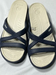 Crocs Womens Navy & Beige Strappy Sandals Wedge Size 8 - Picture 1 of 8