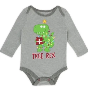 Infant Boys Gray Christmas Tree Rex Dinosaur Holiday Creeper Bodysuit - Picture 1 of 3