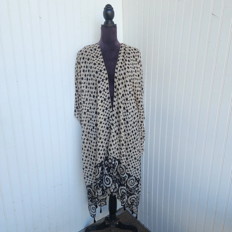 Cato Womens Kimono Tan Beige Abstract Print Sheer Open Front One Size OS Gauze — 第 1/4 张图片