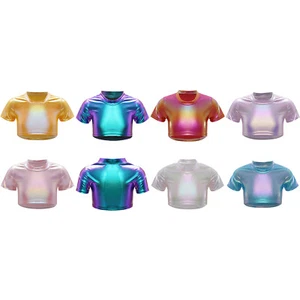 Kinder Mädchen T-Shirt Tanz Crop Top Metallic Tee Modern Rundhals Disco Kostüm - Bild 1 von 48