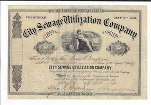 PENNSYLVANIA 1870 Stadt Abwassernutzungsgesellschaft Aktienzertifikat Philadelphia - Bild 1 von 2