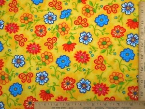Quilt Fabric By Half-Yard Blue Red Floral Green Leaves on Yellow Premium Cotton - Picture 1 of 2