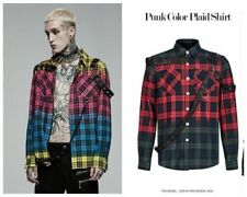 Punk Rave Men's Long Sleeve Plaid Shirt Leather Loops Decoration Casual Shirts