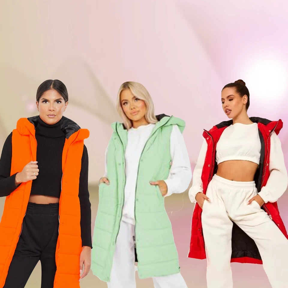 Ladies Long Line Padded Puffer Gilet Jacket Side Zips Pocket Hooded Body Warmer - Image 1 of 1