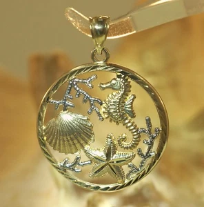 24.5MM 2TONE 14K YELLOW GOLD DC HAWAIIAN SEAHORSE STARFISH SHELL CORAL PENDANT - Picture 1 of 8