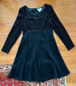 Cache Black Beaded Long Sleeve silk Cocktail Evening Dress 10 empire lined - Imagen 1 de 9