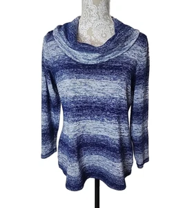 T by Talbots Cowl Neck Knit Sweater Blue Striped Pullover Stretch Women's MP - Picture 1 of 9