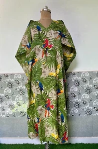 Green Parrot Print Cotton Kaftan handmade printed Caftan, Comfort Kaftan\Caftan - Picture 1 of 6
