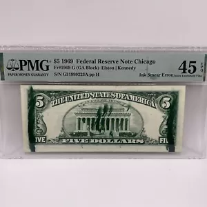 1969 G $5 UNITED STATES FEDERAL RESERVE NOTE MAJOR INK SMEAR ERROR PMG 45 EPQ - Picture 1 of 7