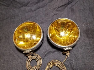 2 vtg CATS-EYE 112 FOG LAMPS CHROME Amber Glass LENS Car Light bulb auto Antique - Picture 1 of 11