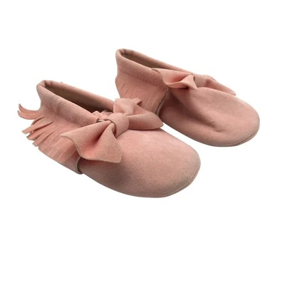 Baby Girls Moccasin Booties Fringe Bow Faux Suede Slip On Pink Size 2 - Image 1 of 4