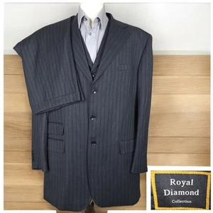 Royal Diamond 3 Piece Suit Mens 48L 36X34 Gray Stripe 3 Button Ventless Wool - Picture 1 of 13