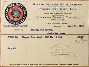 BILLHEAD 1905~(PC5)~HAMMAR BROS. WHITE LEAD CO. ST. LOUIS. PLOMO BLANCO PURO - Imagen 1 de 1