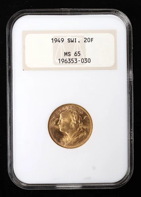 Oro suizo 1949 20 Fr. Helvetia NGC MS 65 Foto 1 de 4