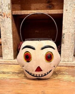 New Primitive Vintage HALLOWEEN SKULL CANDY BUCKET Metal Pail 7" - Picture 1 of 1