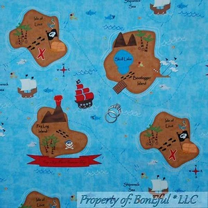 BonEful Fabric FQ Cotton Quilt Blue Sea Skull PIRATE Ship Map Flag Boat Fish Boy - Picture 1 of 9