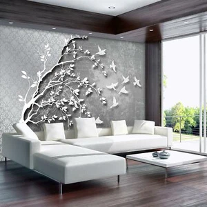 Fototapete Tapete Wandbild F06479 Silber Baum mit Vögeln Natur Imitation Baum Bä - Bild 1 von 4