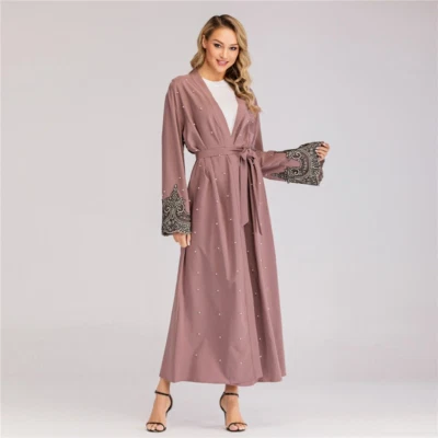 Women Beading Open Abaya Kimono Cardigan Dubai Turkey Kaftan Robe Muslim Maxi - Image 1 of 4