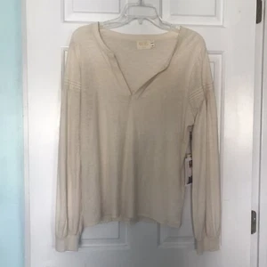 NATION Sz L Rooney Pintucke Parchment V-Neck Pima Cotton Long Sleeve T-Shirt NWT - Picture 1 of 13